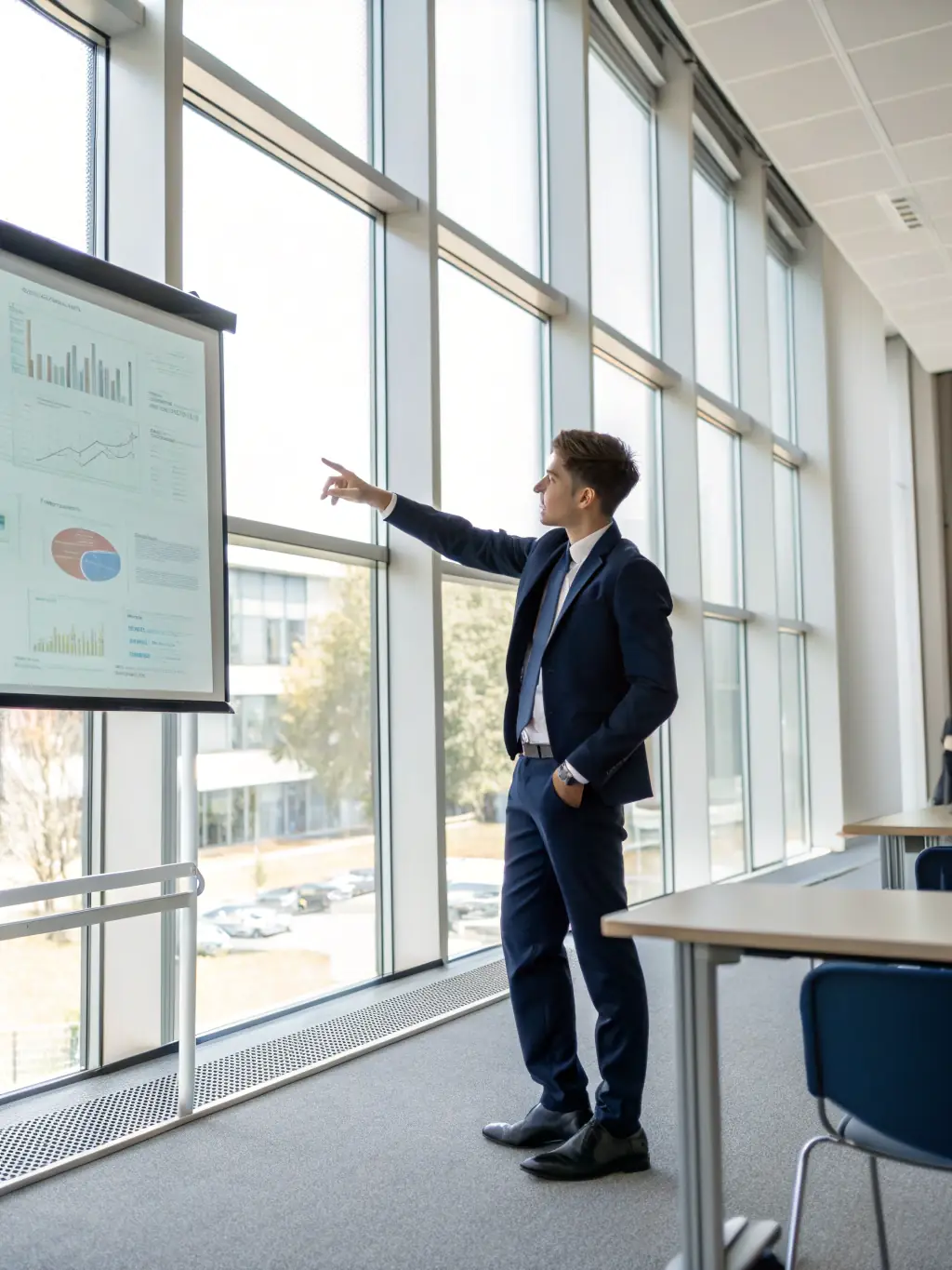 A student presenting a research project on sustainable development, demonstrating the college's commitment to fostering innovative thinking and addressing global challenges.